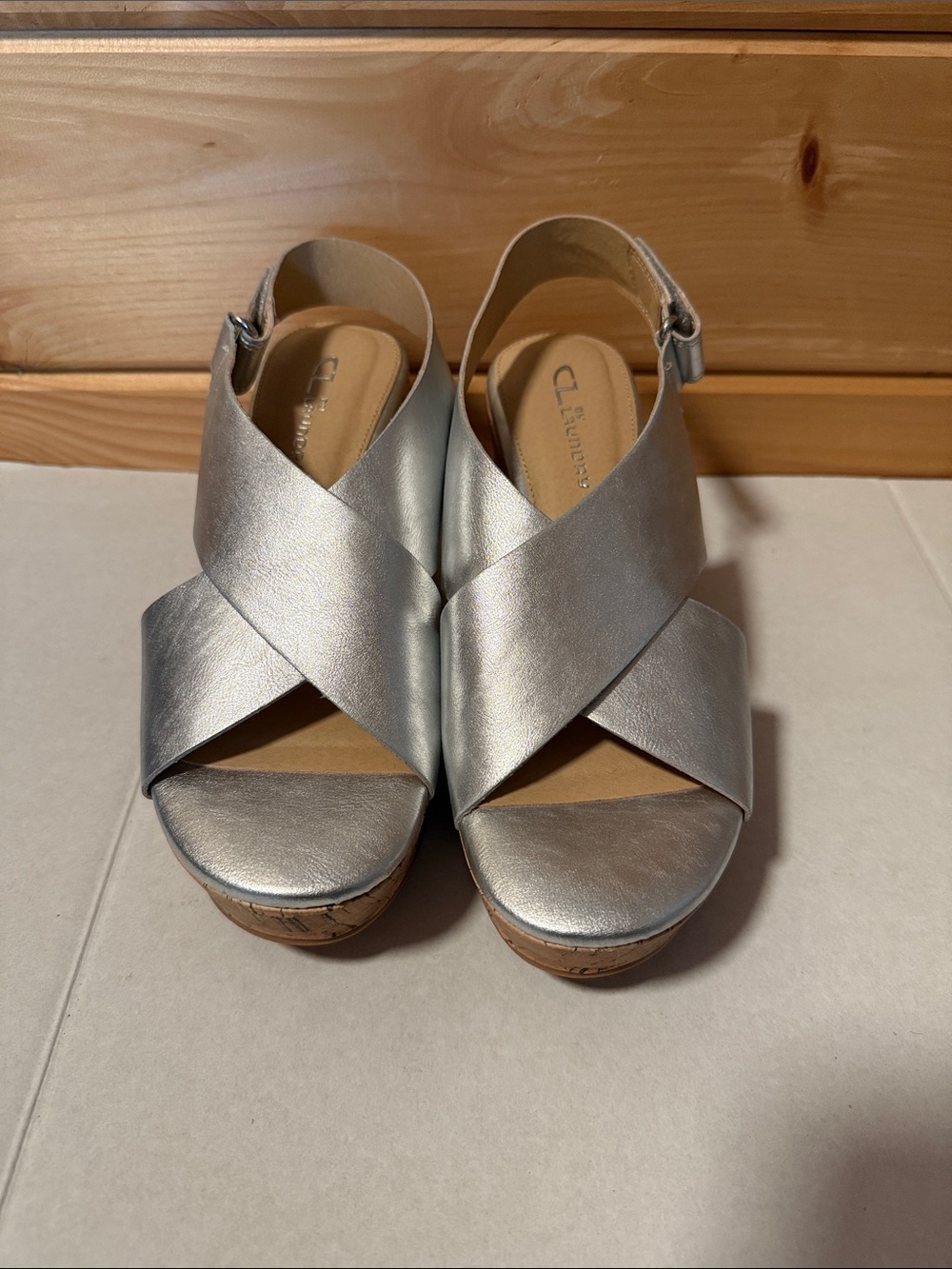 CL By Laundry Silver Metallic Wedge Cork Sandals NWOT